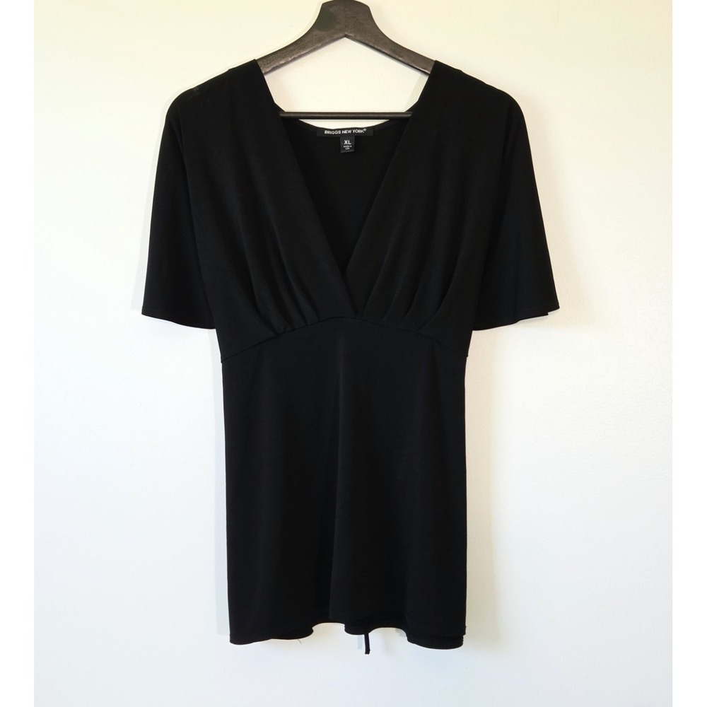 The Briggs New York Black Stretch V-Neck Classic Blouse with Tie Back in size XL